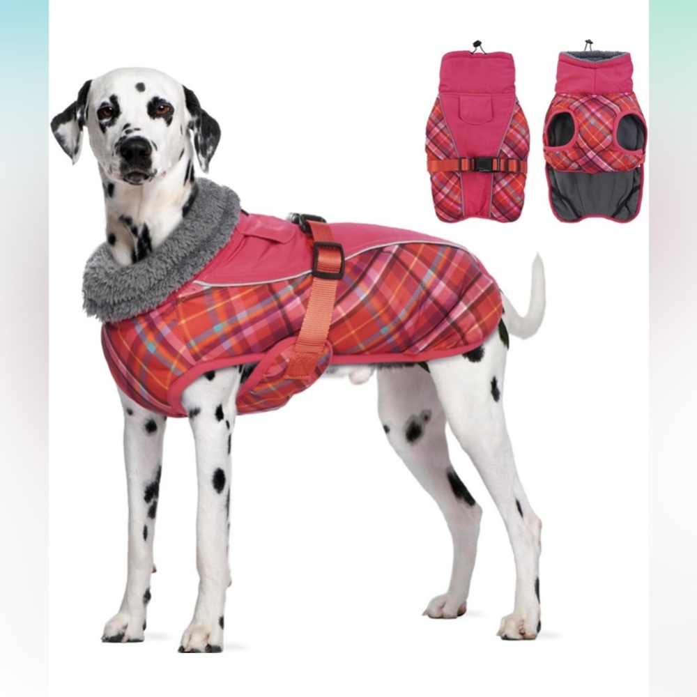 Plaid Pink Dog Coat with Faux Fur Collar